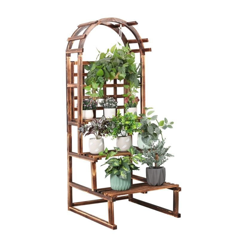 3 Tier Hanging Plant Stand, Indoor Outdoor Wood Plant Shelf with Flower Pot Organizer Plant Display Rack for Patio, Backyard 3