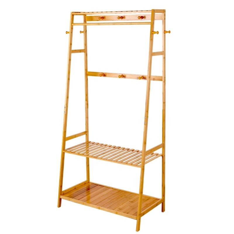 Bamboo Garment Coat Clothes Hanging Heavy Duty Rack with top shelf and 2-tier Shoe Clothing Storage Organizer Shelves 6