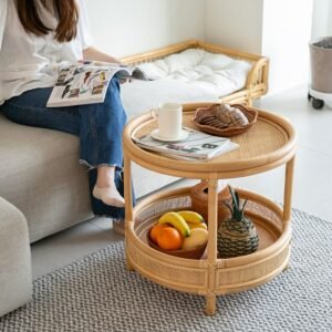 MOMO Rattan Double-layer Coffee Table Small Apartment Simple Glass Round Table Middle-aged Rattan Tea Table Small Tea Table 1