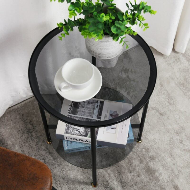 2-Tier Round Coffee Table Glass Simple Modern Center Table for Living Room Home, Sofa Side Table with Metal Steel Frame 6