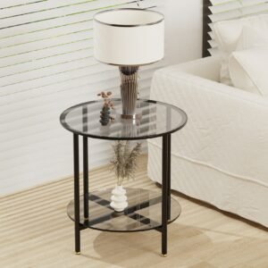 20” Round Coffee Table with Storage 2-Tier, Accent Table,Cocktail Table with Tempered Glass Top 1
