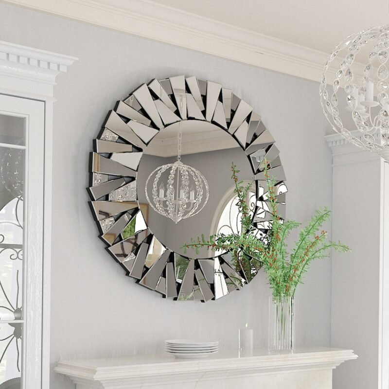 32" Wall Mirrors Decorative Round Sunburst Mirror for Wall Decor Modern Silver Glass Wall-Mounted Beveled Hanging Circle Accents 4