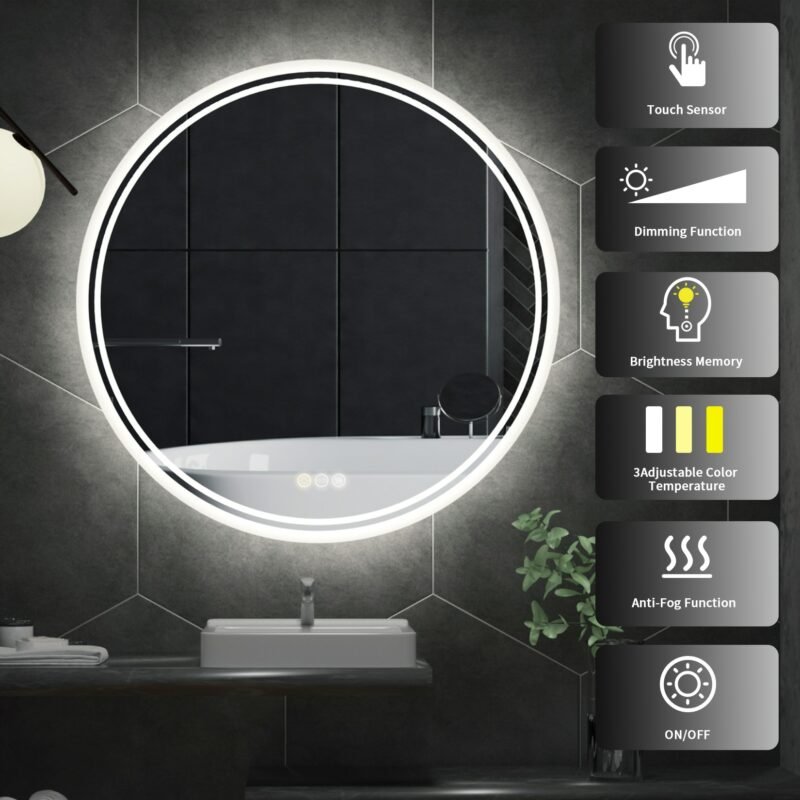 Bathroom Mirror with LED Lights Circle Backlit Illuminated Wall Mounted Lighted Mirror Anti-Fog 3 Colors Change IP65 Dimmable 4