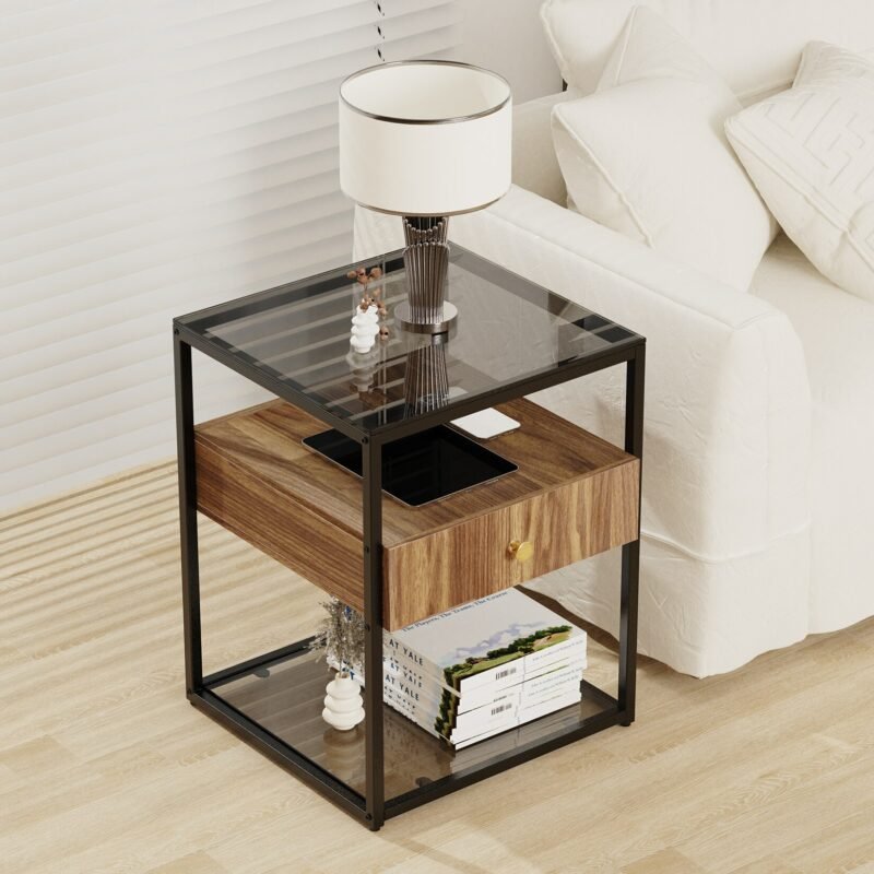 Tempered Glass Side Table, Nightstand, with Drawer and Shelf, Decoration in Living Room, Stable Steel Frame 2