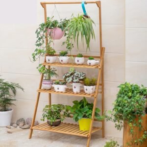 100cm 3 Tier Foldable Bamboo Flower Pot Plants Display Shelf Planter Organizer for Outdoor Indoor 1