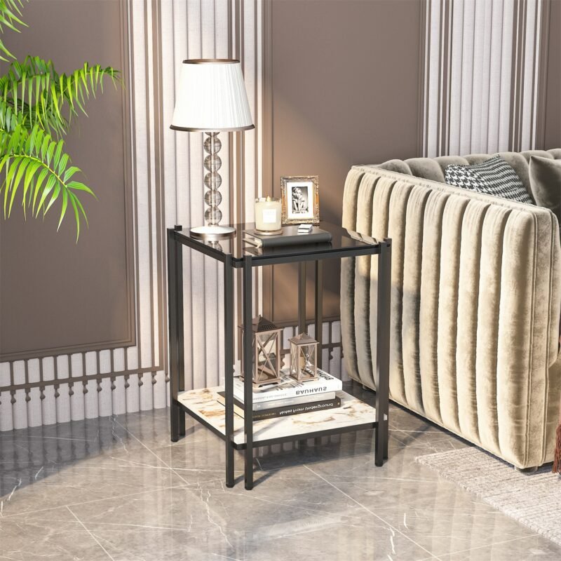 Modern End Table Living Room Side Table Glass with Black Painted Metal Frame Nightstand with Sintered Stone Shelf 1