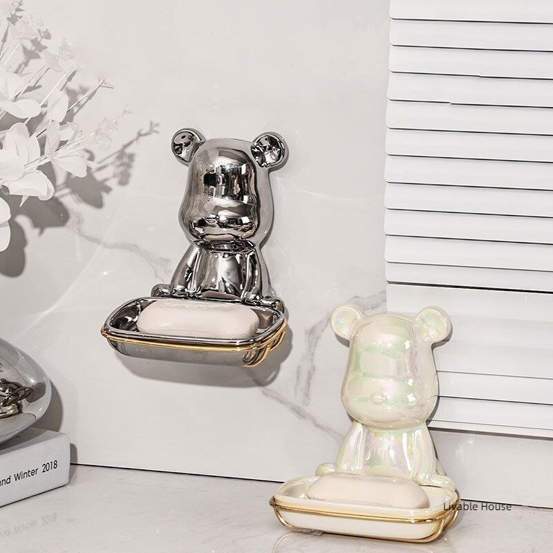 Light Luxury Bear Soap Box ceramics Bathroom Holder Dish golden Storage Drain Plate Tray Shower Supplies Gadgets 3