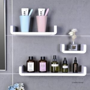 Wall-Mounted Self-Adhesive White Plastic Storage Shelf Shower Shelf Shampoo Bath Shower Rack Bathroom Kitchen Seasoning Rack 1