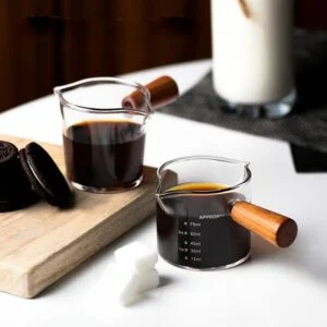 Lazzy house Heat-resistant Glass Measuring Double Mouth Bottle Coffee Shares Pot Wooden Handle Glass Small Milk Cup KitchenTools 1