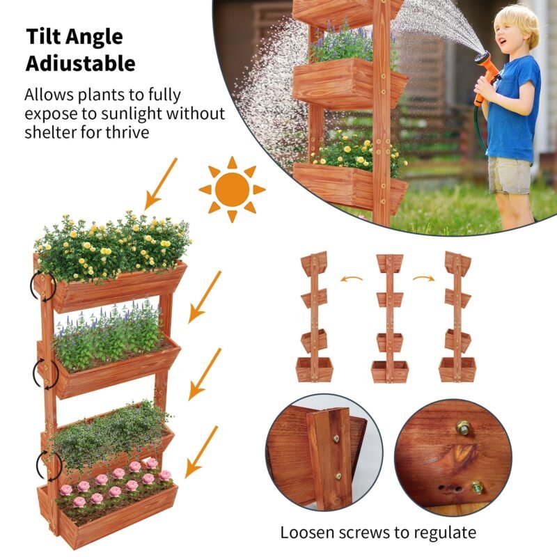 4-Tier Raised Garden Bed, Vertical Flower Pots Rack with Detachable Ladder and Adjustable Shelf, Wooden Elevated Planters Stand 5