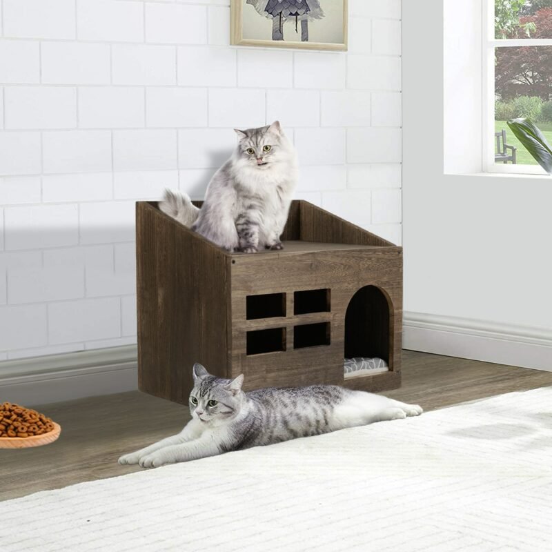 Durable Wooden Cat Cave Bed Furniture Kitten Sleep Lounge House Bed with Cushion Pad Litter Box for Indoor Cats 2