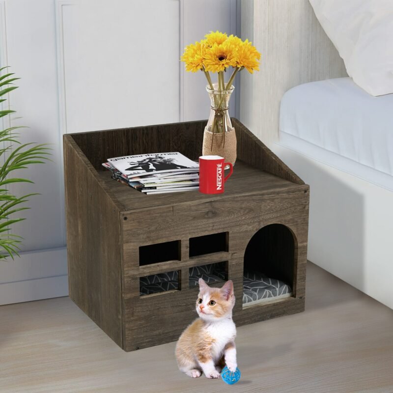 Durable Wooden Cat Cave Bed Furniture Kitten Sleep Lounge House Bed with Cushion Pad Litter Box for Indoor Cats 4