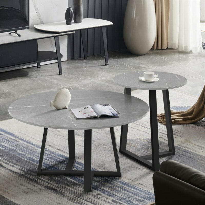 Round Modern Marble Nesting Coffee Set of 2, Stacking Living Room Accent Tables Furniture Sintered Stone Tabletop End Table 2