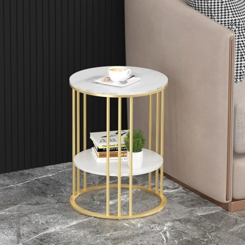 Round Marble Accent Table End 2 Tiers Storage Table Gold Metal Frame Nightstand for Living Room, Bedroom 3