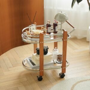 Middle-Ancient Glass Trolley Nordic Movable Sofa Side Table Household Living Room Simple Storage Rack with Roller 1