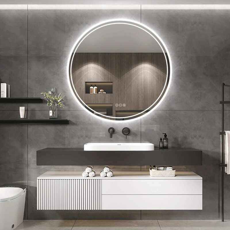 Bathroom Mirror with LED Lights Circle Backlit Illuminated Wall Mounted Lighted Mirror Anti-Fog 3 Colors Change IP65 Dimmable 2