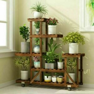 UNHO Wooden Plant Stand with Wheels Multi-Layer Rolling Plant Flower Display Shelf Indoor Movable Storage Rack Holder Outdoor fo 1
