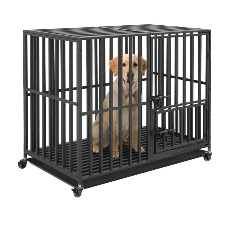 37” 42” 46” Heavy Duty Dog Cage Metal Pet Dog Crate 3 Doors Locks Design Kennel Playpen with 4 Lockable Wheels Removable Tray 4