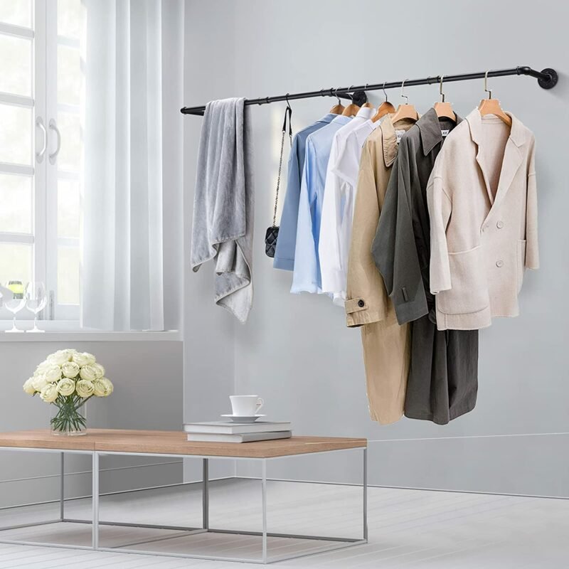 180cm Bedroom Garment Home Rail Multipurpose Wall Mounted Industrial Pipe Clothes Rack Space Saving Hanging Shelf with 3 Hooks 4