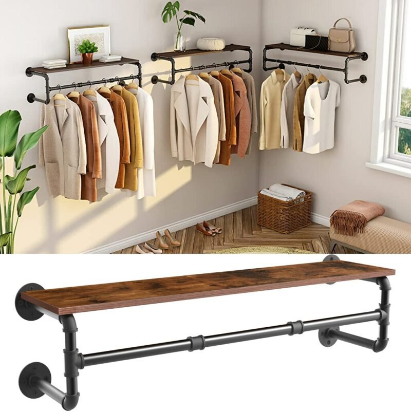 Industrial Pipe Clothing Rack Wall Mounted Wood Shelf Pipe Shelving Floating Shelves Retail Garment Rack Display Racks 4