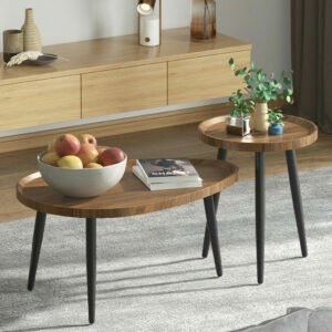 Round Coffee Table Set of 2 Rustic for Living Room Modern Nesting Tables for Balcony Office with Wood Table Top And Metal Legs 1
