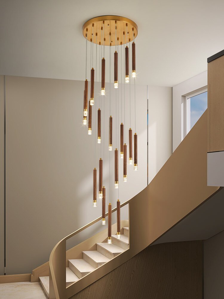 LED Chandelier Walnut Log Staircase Ceiling Chandelier Living Room Villa Hall Pendant lamp Spiral Duplex Design Lighting Fixtuer 2