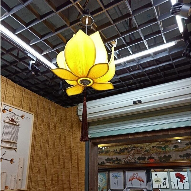 Chinese Style Fabric Lotus Pendant Lamp for Temple Hall Living Room Kitchen Island Aesthetic Room Decorator Lighting Appliance 3