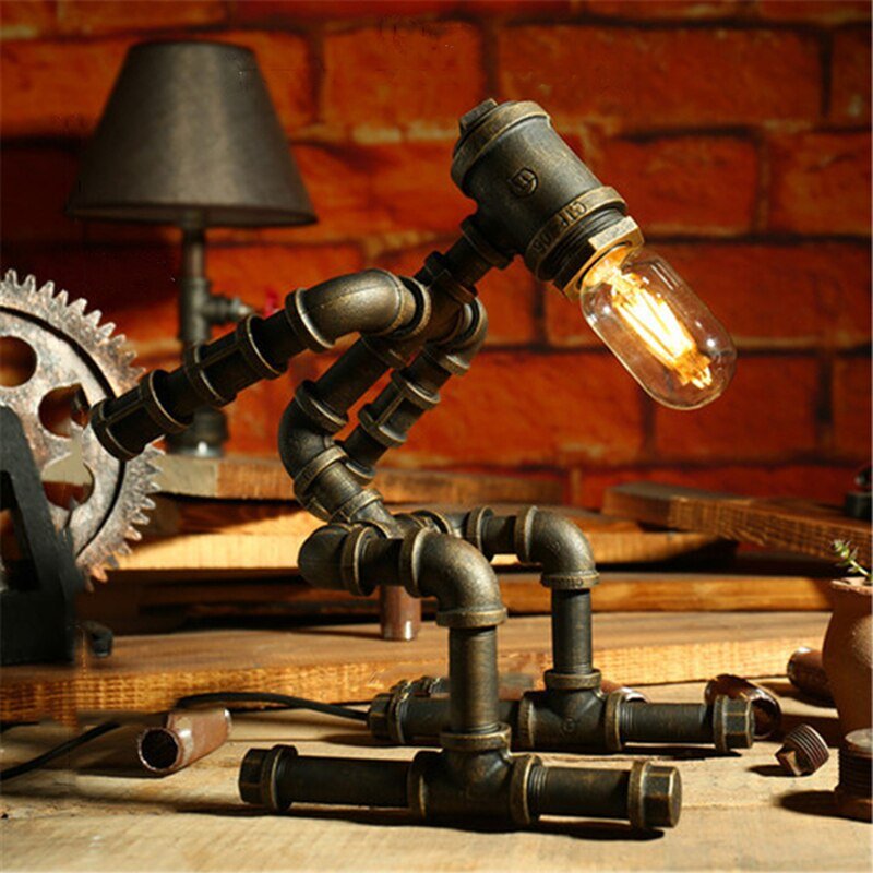 Vintage Table Lamp Robot Iron Pipe Desk Lamp Led Table Lamps For Bedroom Bedside Loft Home Decor Lighting Industrial Fixtures 5