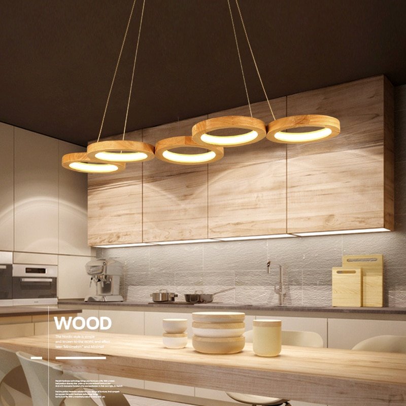 Solid Wood Dining Table Pendant Lights Dining Room Kitchen Island Led Hanging Lamps For Ceiling Modern Ring Suspension Luminaire 1
