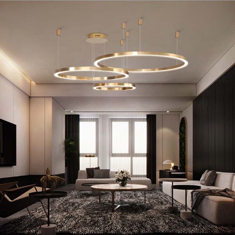 Modern Luxury Large 5 Ring Led Pendant Light  For Mall Dining Table Living Room Decoration Gold Round Ring Hanging Lamp Fixture 6