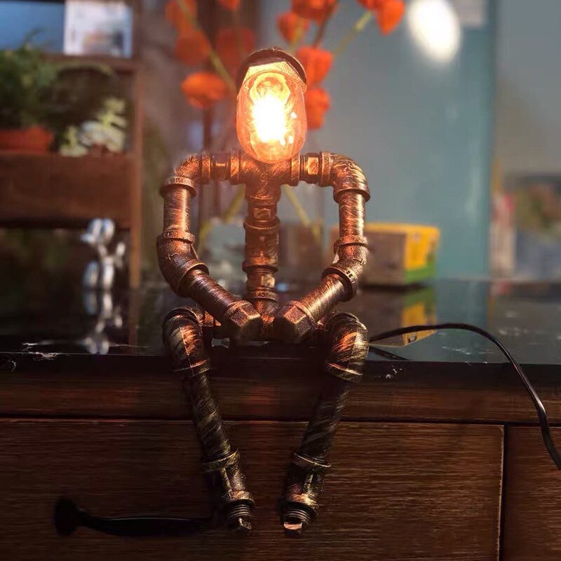 Vintage Table Lamp Robot Iron Pipe Desk Lamp Led Table Lamps For Bedroom Bedside Loft Home Decor Lighting Industrial Fixtures 3