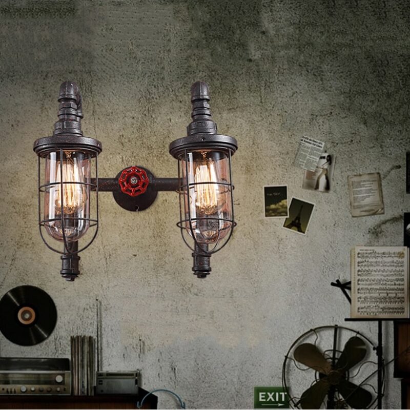 Modern Industry Loft Retro Iron Water Pipe Wall Lamp For Cafe Restaurant Imitation Bird Cage Explosion-Proof Glass Aisle Lights 2