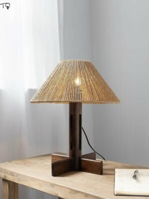 Japanese Wabi-sabi Solid Wood Rattan Weaving Hemp Rope Table Lamp LED E27 Designer Retro Zen Art Desk Lights Homestay Bedroom 1