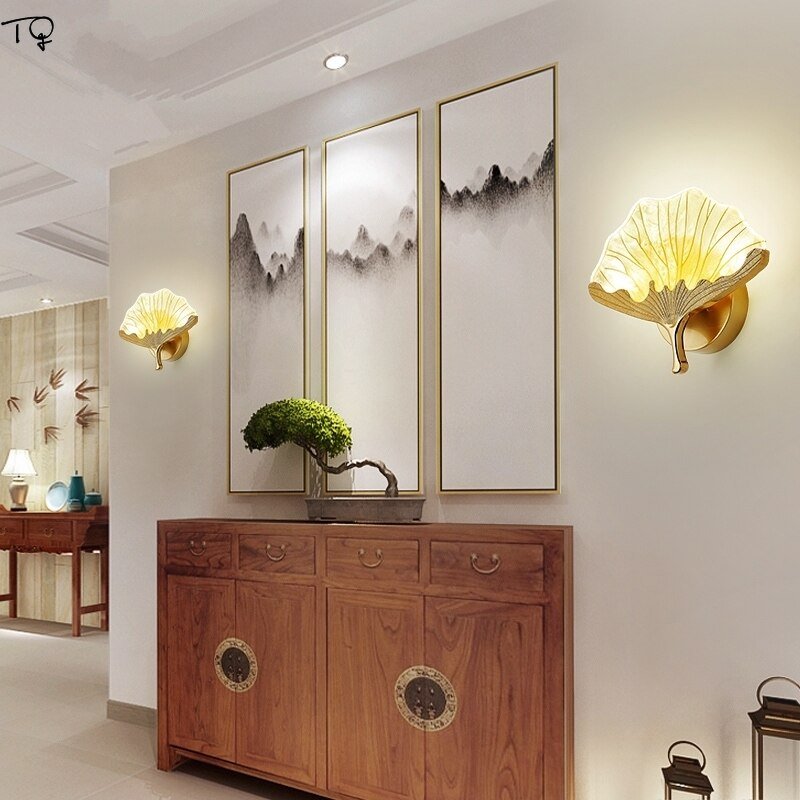 Chinese Individual Modern Designer Copper Gingko Leaf Wall Lamp Led Flower Lights Decor Home Living Room Aisle Bedroom Bedside 4