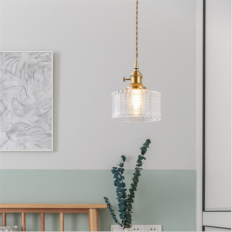 Vintage Nordic brass glass droplight Carved glass water wave Pattern hanging lights Copper pendant lighting glass lampshades 3