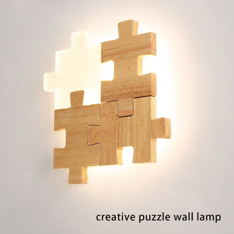 Solid Wood Wall Lamps Creative Puzzle Shape Led Wall Lamp Bedroom Bedside Sofa Background Apply Interior Wall  Lighting Fixture 6