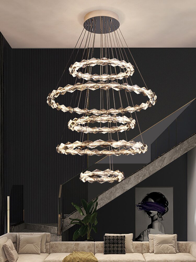Modern dining room bedroom lamp duplex staircase ring crystal lamp light luxury crystal chandelier villa living room lamp 4