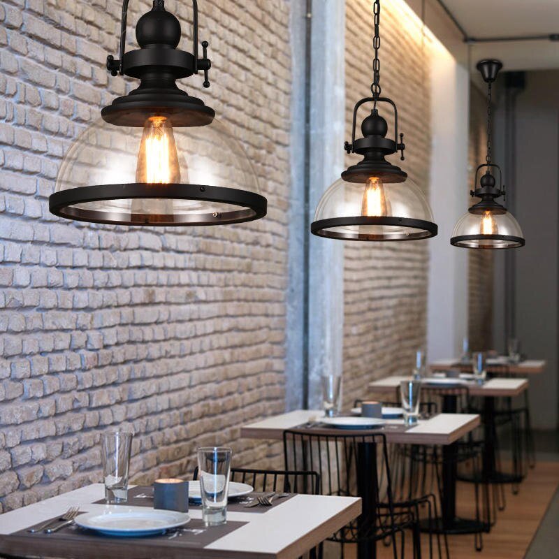 Iron LED Pendant Lights Loft Industrial Kitchen Hanging Lamp For Dining Room Decor Home Light Fixtures Glass Lampshade 6