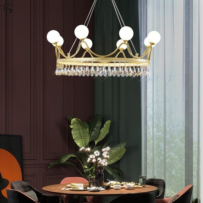 Crown Crystal Gold Lustre Pendant Lights Designer Modern Minimalist Art Girl/Princess Room Hanging Lamp Kids Room Bedroom Studio 5
