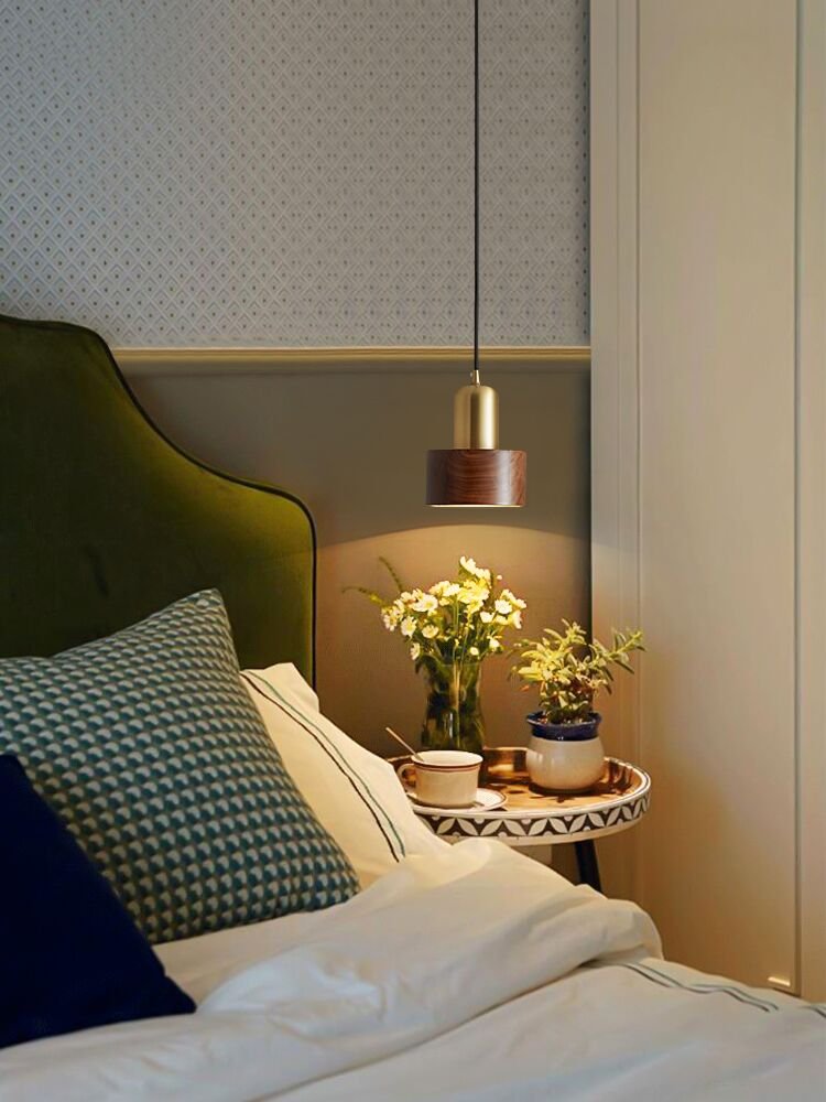 Simple bedside retro bedroom small pendant light brass walnut bar table restaurant pendant lamp 2