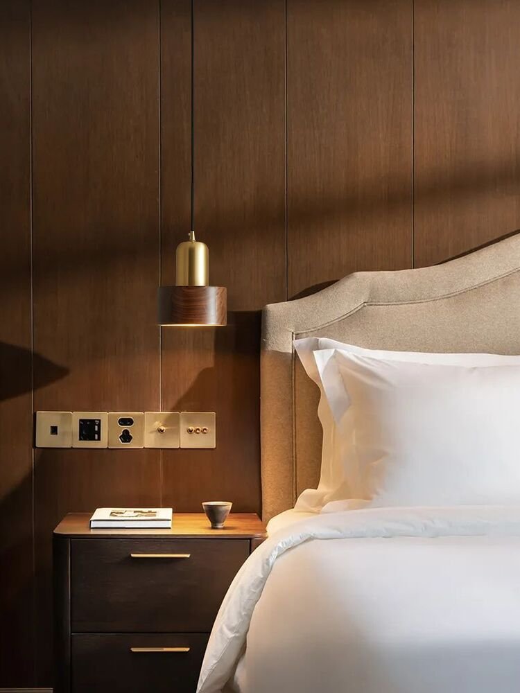 Simple bedside retro bedroom small pendant light brass walnut bar table restaurant pendant lamp 4
