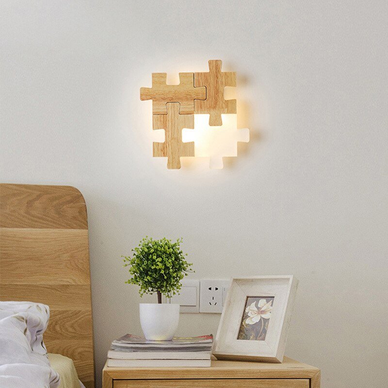 Solid Wood Wall Lamps Creative Puzzle Shape Led Wall Lamp Bedroom Bedside Sofa Background Apply Interior Wall  Lighting Fixture 5