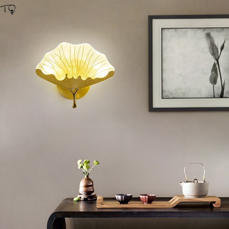 Chinese Individual Modern Designer Copper Gingko Leaf Wall Lamp Led Flower Lights Decor Home Living Room Aisle Bedroom Bedside 5