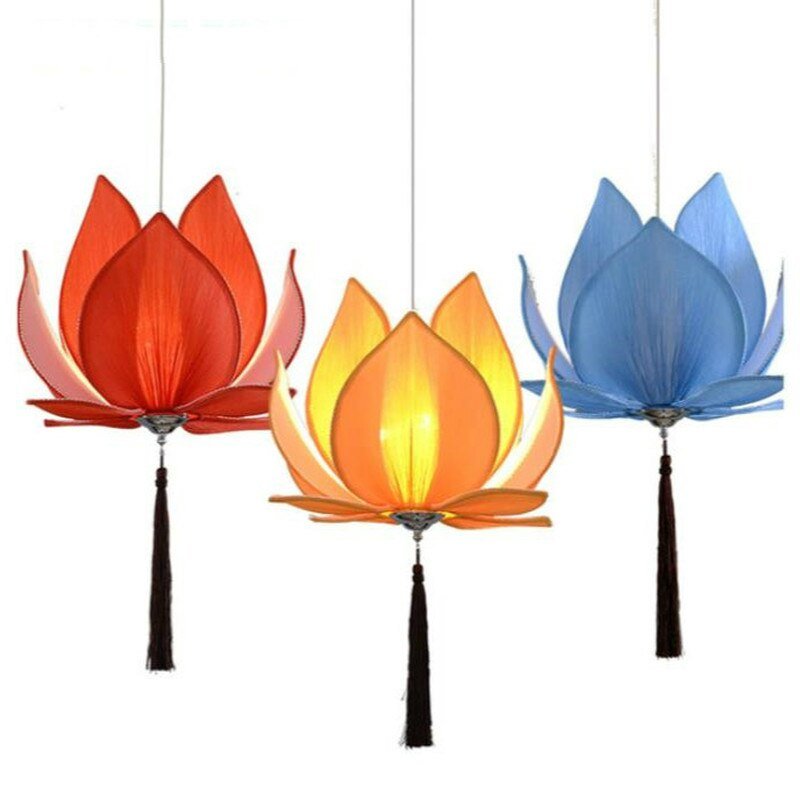 Chinese Style Fabric Lotus Pendant Lamp for Temple Hall Living Room Kitchen Island Aesthetic Room Decorator Lighting Appliance 5