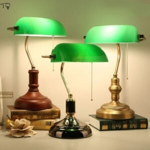 Industrial Retro Vintage Bank Table Lamps with Pull Switch Bedroom Bedside Desk Lights Green Lampshade Study Reading Background 1