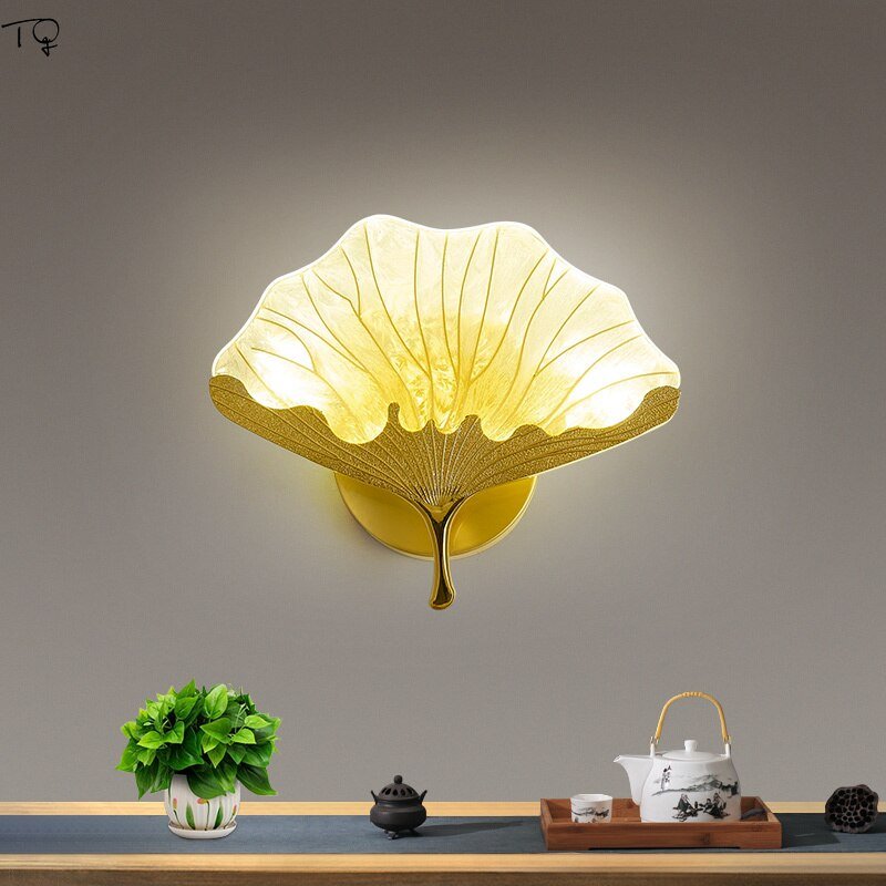 Chinese Individual Modern Designer Copper Gingko Leaf Wall Lamp Led Flower Lights Decor Home Living Room Aisle Bedroom Bedside 1