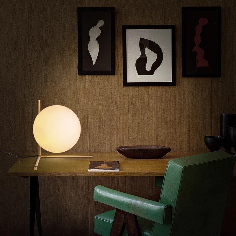 Modern Iron Industrial Glass Ball Table Lamps Golden Pillar Desk Lamp LED E27 Light For Bedroom Living Room Dining Bedroom 6