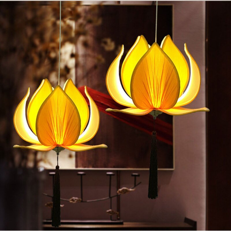 Chinese Style Fabric Lotus Pendant Lamp for Temple Hall Living Room Kitchen Island Aesthetic Room Decorator Lighting Appliance 2