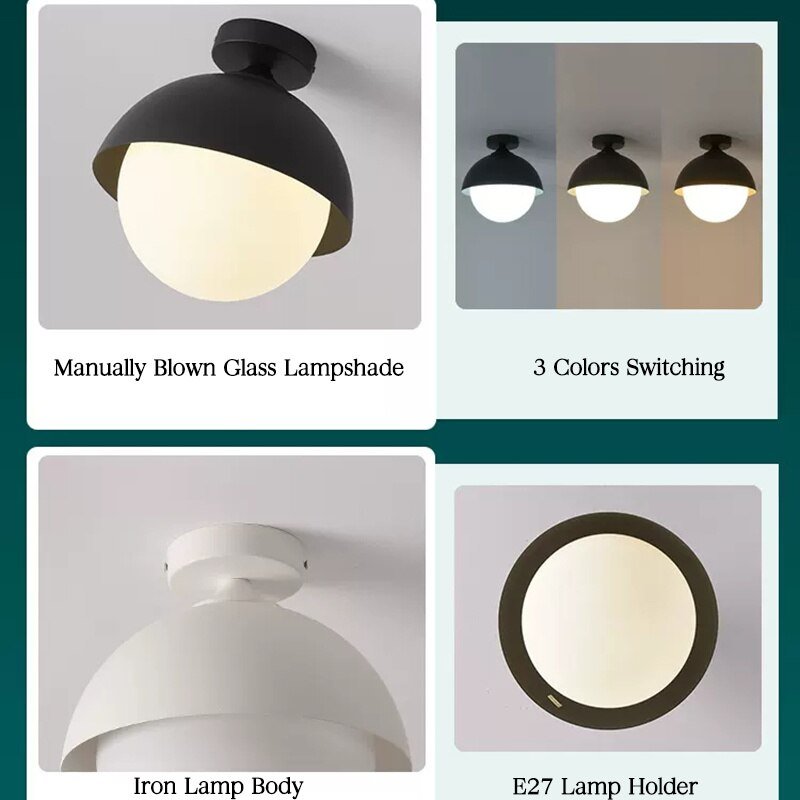 Modern Ceiling Lamps E27 Glass Lampshade Ceiling Light For Bedroom Corridor Indoor Lighting Decoration Fixture White Black 2