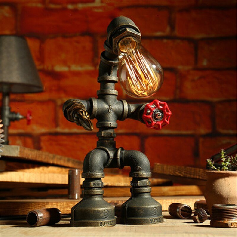 Vintage Table Lamp Robot Iron Pipe Desk Lamp Led Table Lamps For Bedroom Bedside Loft Home Decor Lighting Industrial Fixtures 4